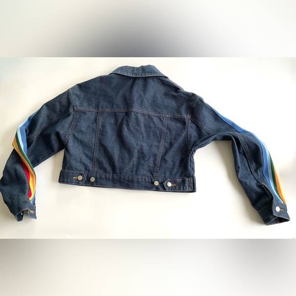 Honey Punch Cropped Denim Jacket with Rainbow Stripe Pride Detail Size S - Picture 10 of 12